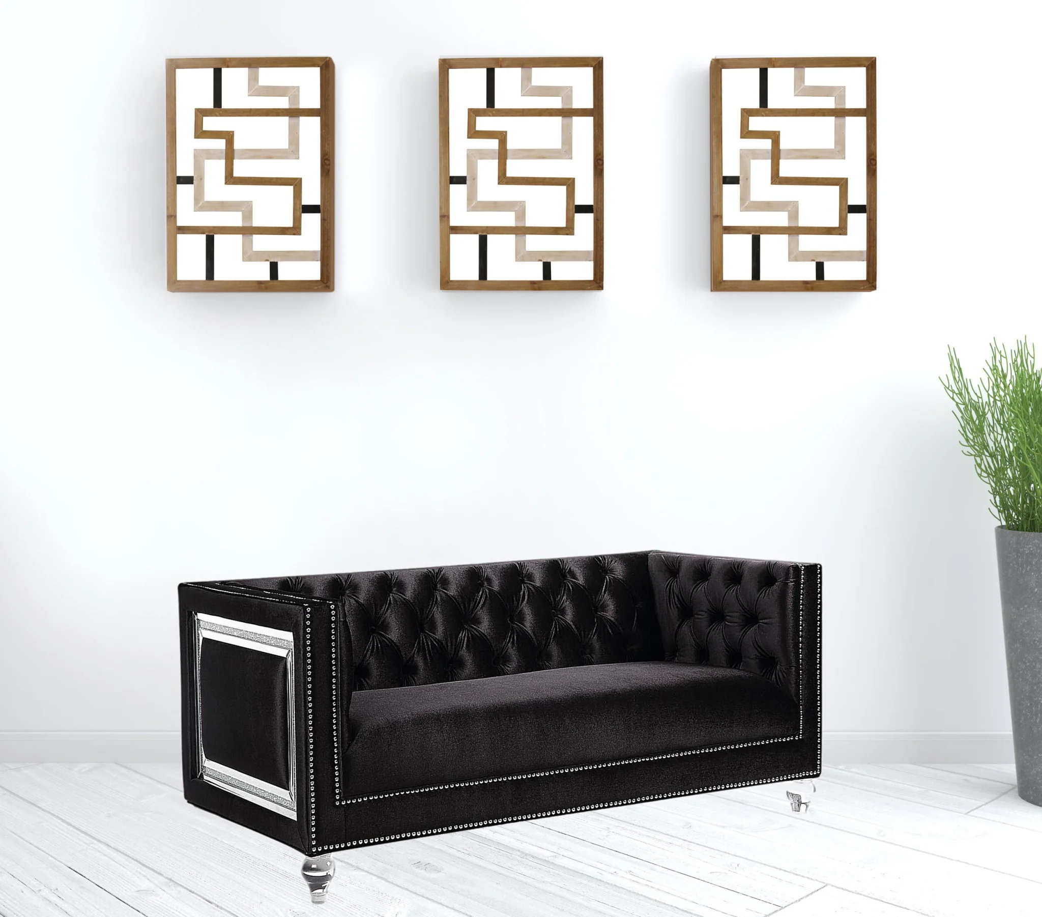 67" Black And Silver Velvet Love Seat And Toss Pillows By Homeroots - Image 3