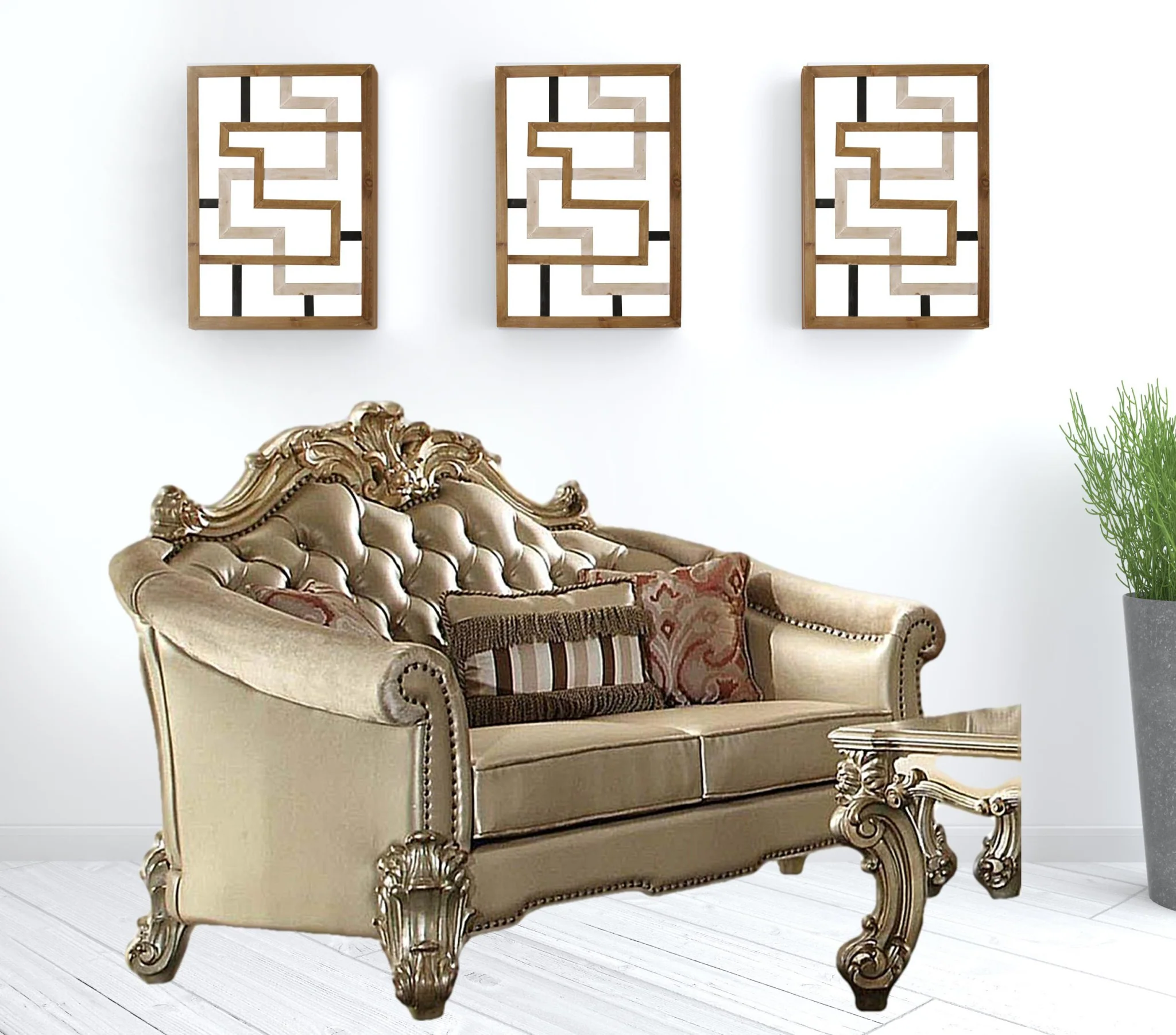 67" Bone And Gold Faux Leather Love Seat And Toss Pillows By Homeroots - Image 2