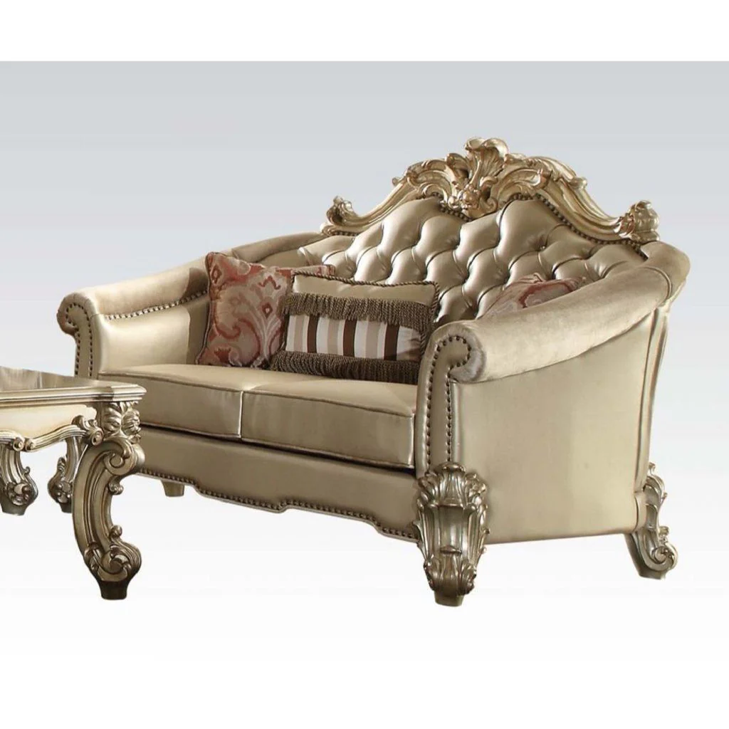 67" Bone And Gold Faux Leather Love Seat And Toss Pillows By Homeroots - Image 3