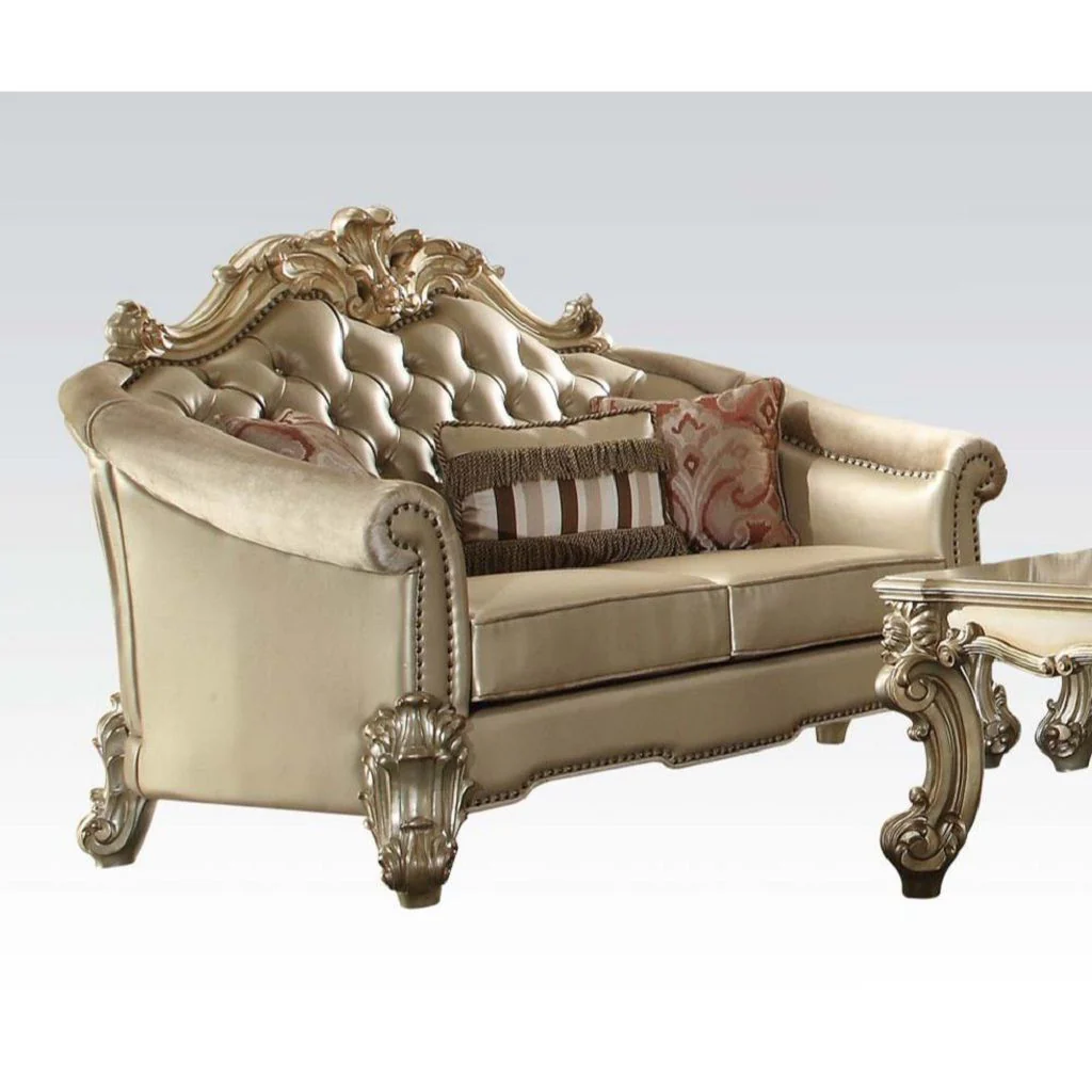 67" Bone And Gold Faux Leather Love Seat And Toss Pillows By Homeroots - Image 4