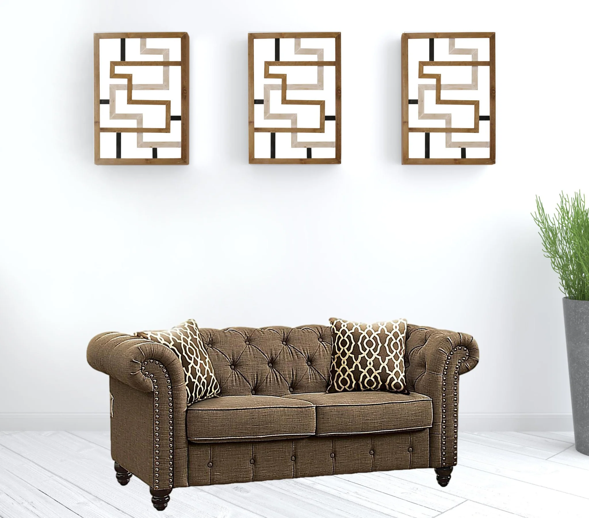 67" Brown 100% Linen And Black Love Seat By Homeroots - Image 2
