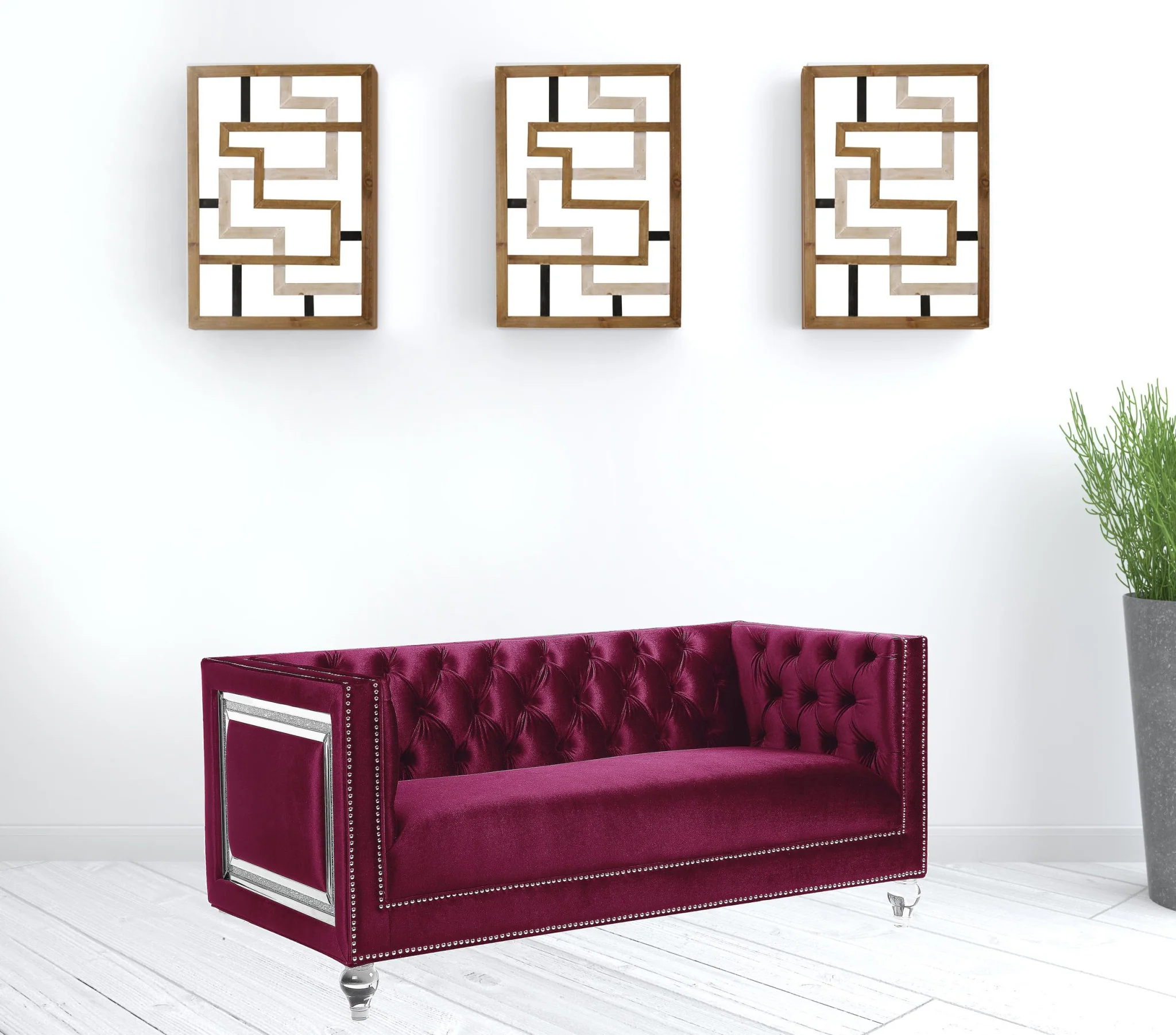 67" Burgundy And Silver Velvet Love Seat And Toss Pillows By Homeroots - Image 2