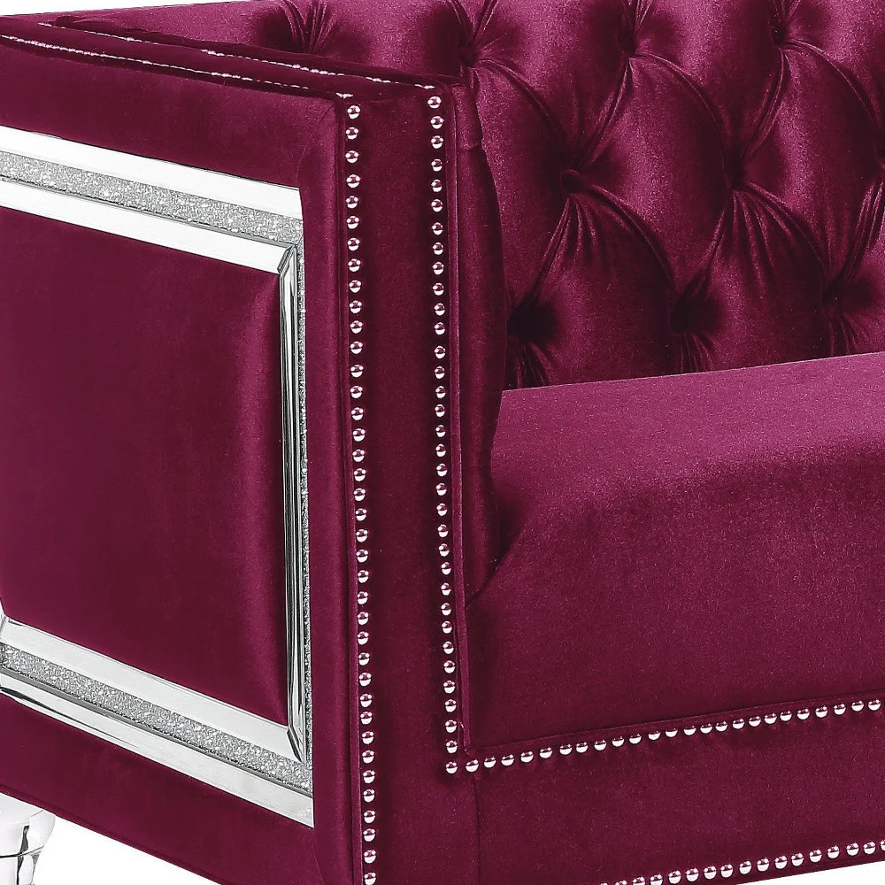 67" Burgundy And Silver Velvet Love Seat And Toss Pillows By Homeroots - Image 3