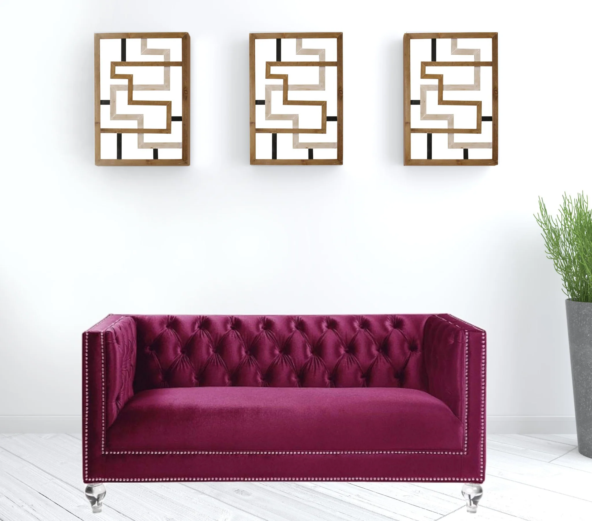 67" Burgundy Tufted Velvet Bling and Acrylic Love Seat By Homeroots - Image 3