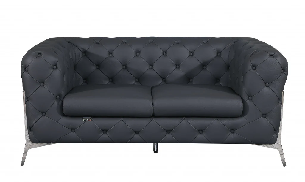 69" Black Tufted Italian Leather and Chrome Love Seat By Homeroots - Image 16