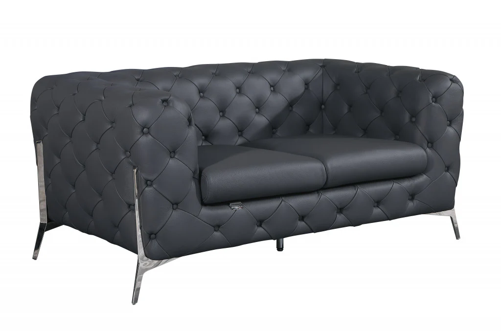 69" Black Tufted Italian Leather and Chrome Love Seat By Homeroots - Image 17