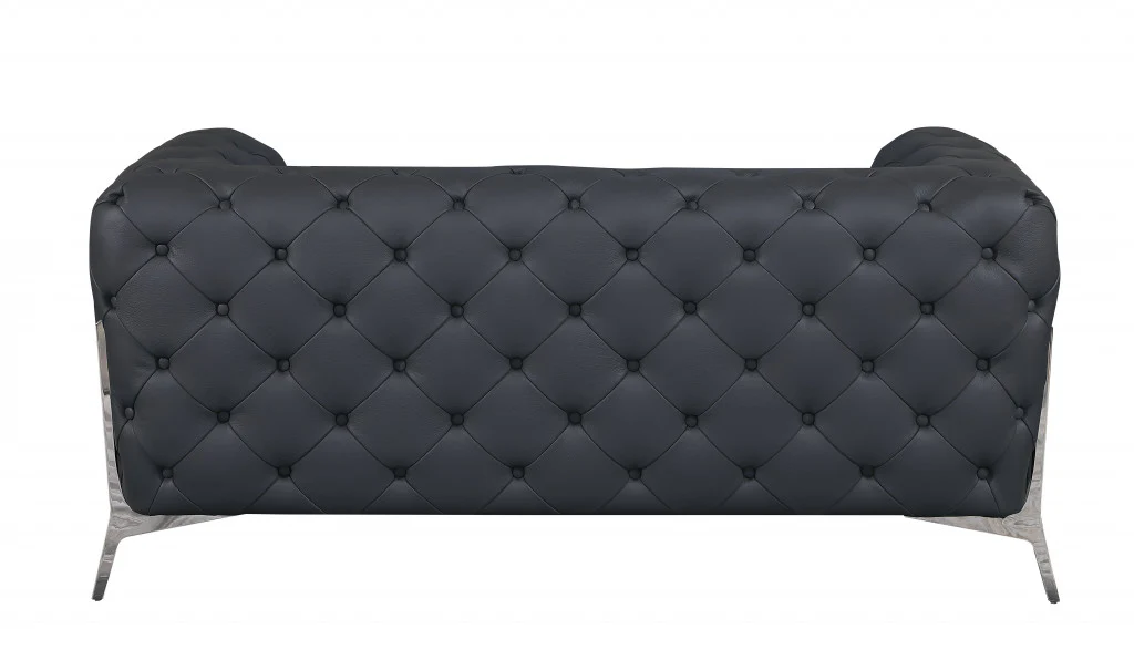 69" Black Tufted Italian Leather and Chrome Love Seat By Homeroots - Image 18