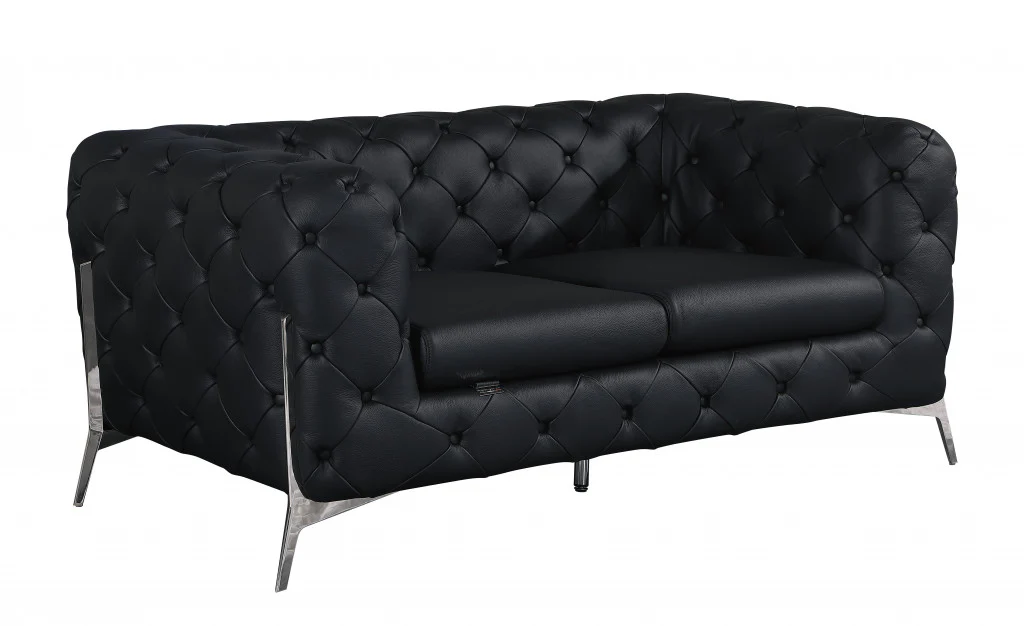 69" Black Tufted Italian Leather and Chrome Love Seat By Homeroots - Image 2