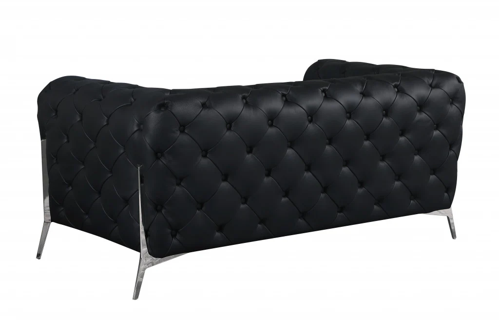 69" Black Tufted Italian Leather and Chrome Love Seat By Homeroots - Image 3
