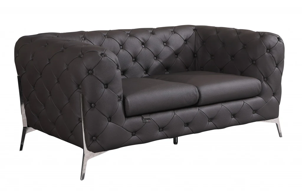 69" Black Tufted Italian Leather and Chrome Love Seat By Homeroots - Image 7