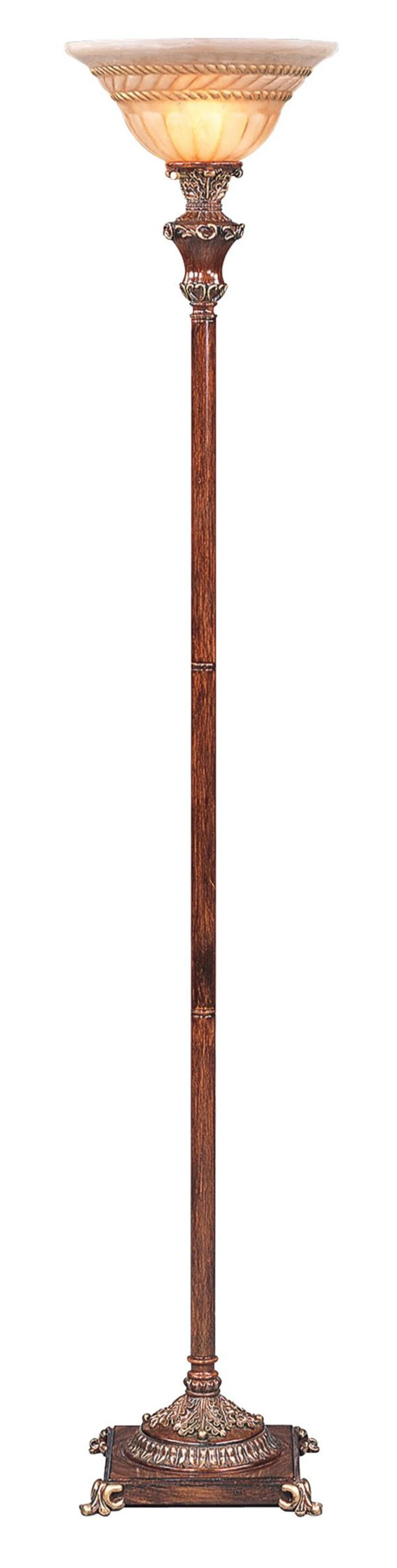 69" Brown Faux Wood Torchiere Floor Lamp With Brown Stained Glass Bell Shade By Homeroots - Image 3