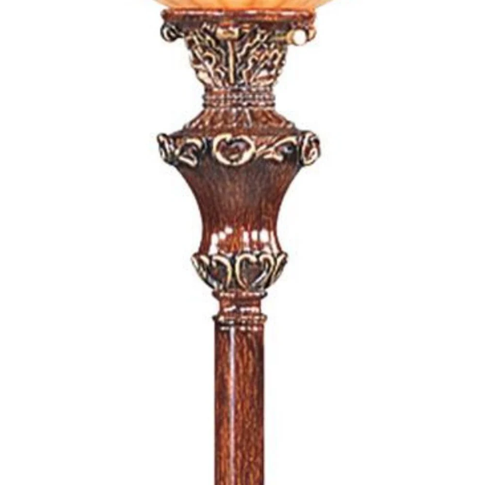 69" Brown Faux Wood Torchiere Floor Lamp With Brown Stained Glass Bell Shade By Homeroots - Image 4