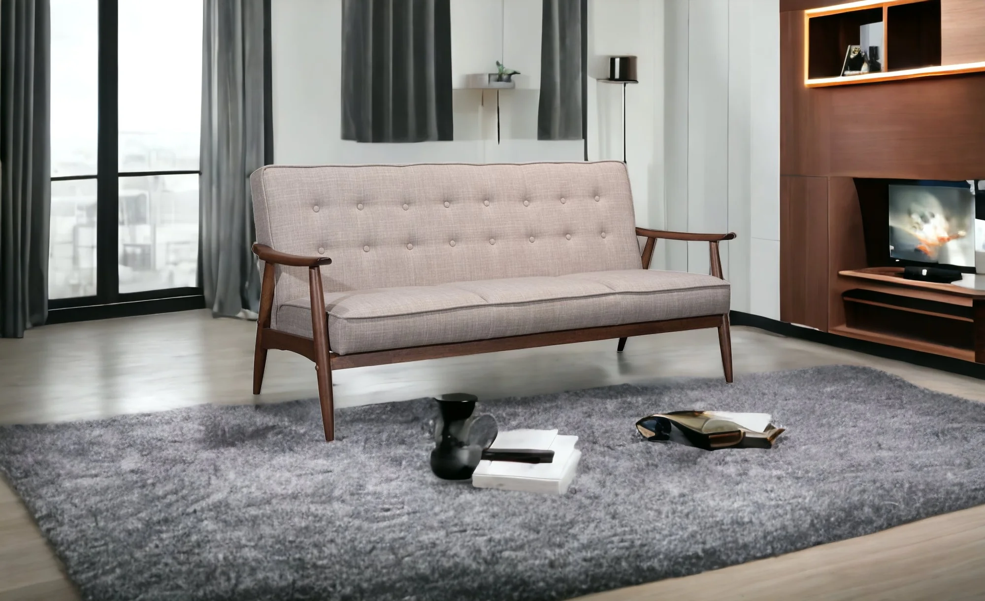 69" Taupe Beige Tufted Fabric And Brown Solid Wood Sofa By Homeroots - Image 2