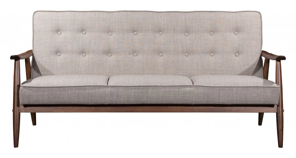 69" Taupe Beige Tufted Fabric And Brown Solid Wood Sofa By Homeroots - Image 4