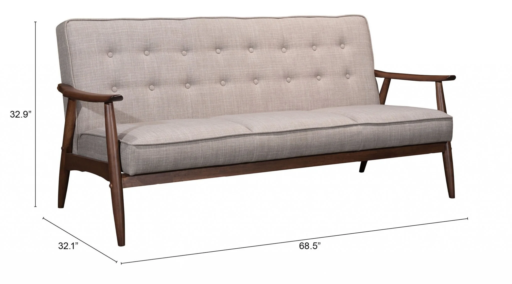69" Taupe Beige Tufted Fabric And Brown Solid Wood Sofa By Homeroots - Image 9