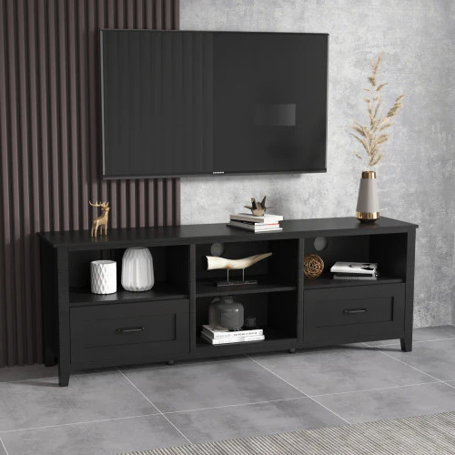 70" Black Open Shelving TV Stand With Bookcase and Two Drawers By Homeroots - Image 2