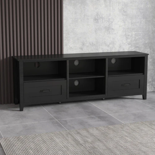 70" Black Open Shelving TV Stand With Bookcase and Two Drawers By Homeroots - Image 3