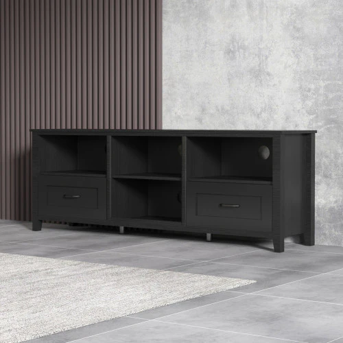 70" Black Open Shelving TV Stand With Bookcase and Two Drawers By Homeroots - Image 4