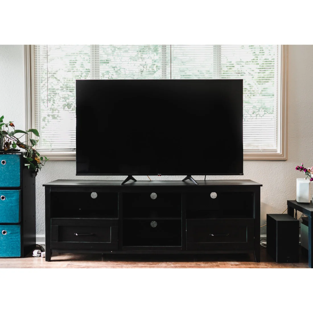 70" Black Open Shelving TV Stand With Bookcase and Two Drawers By Homeroots - Image 5