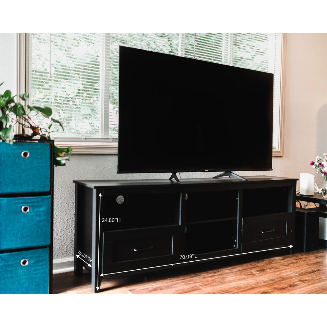 70" Black Open Shelving TV Stand With Bookcase and Two Drawers By Homeroots - Image 6
