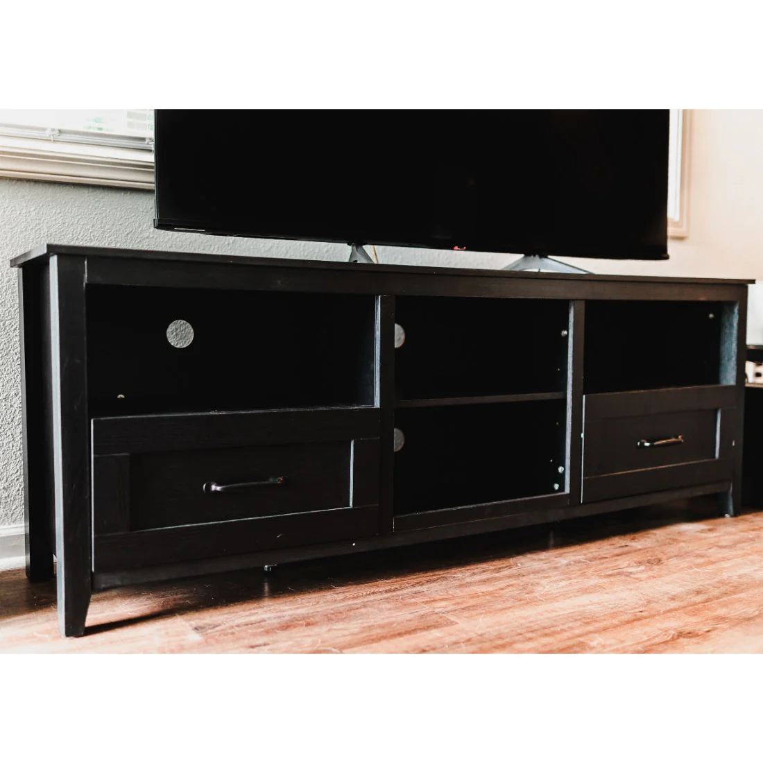 70" Black Open Shelving TV Stand With Bookcase and Two Drawers By Homeroots - Image 7