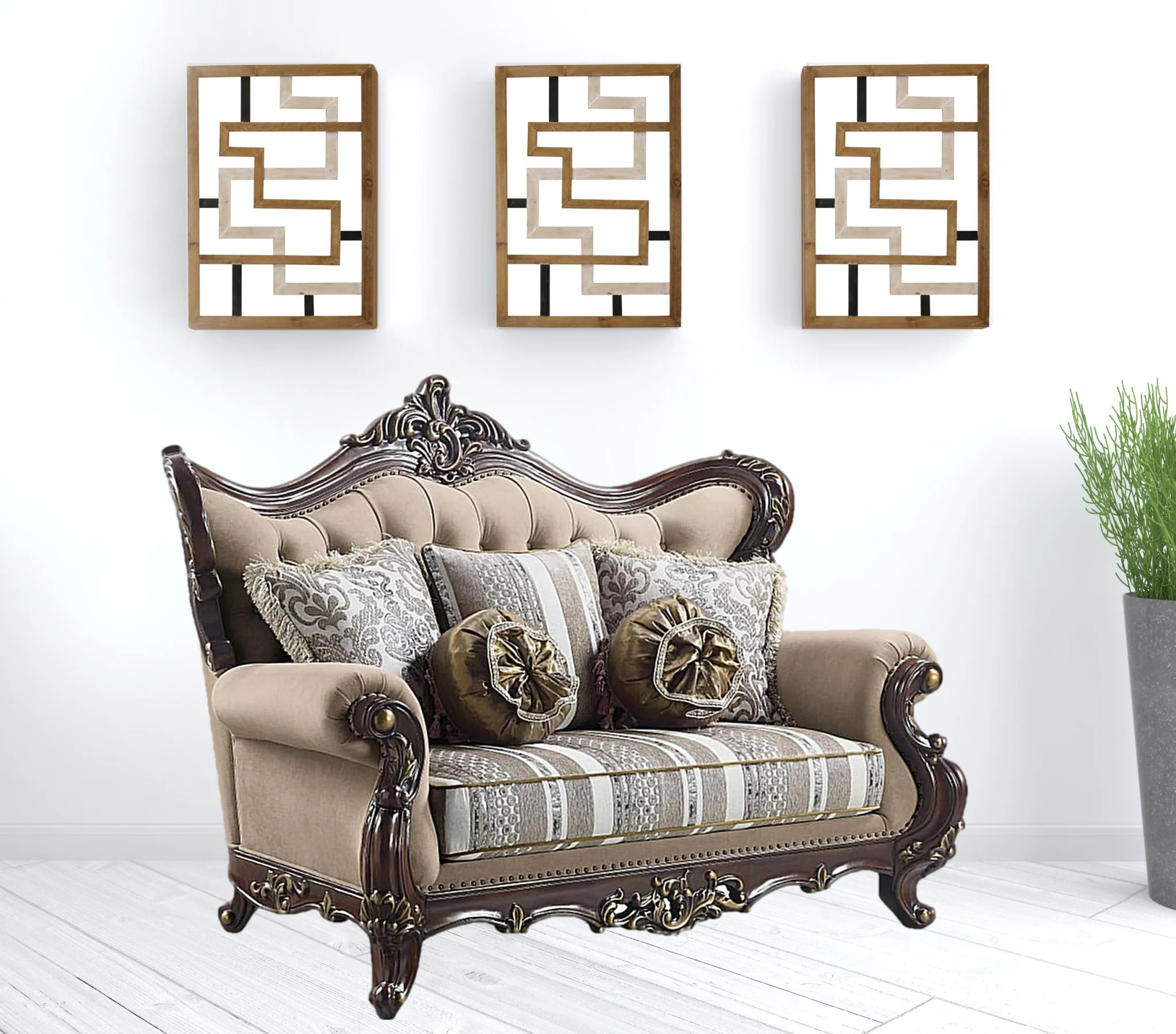 70" Brown And Dark Brown Linen Curved Love Seat And Toss Pillows By Homeroots - Image 2