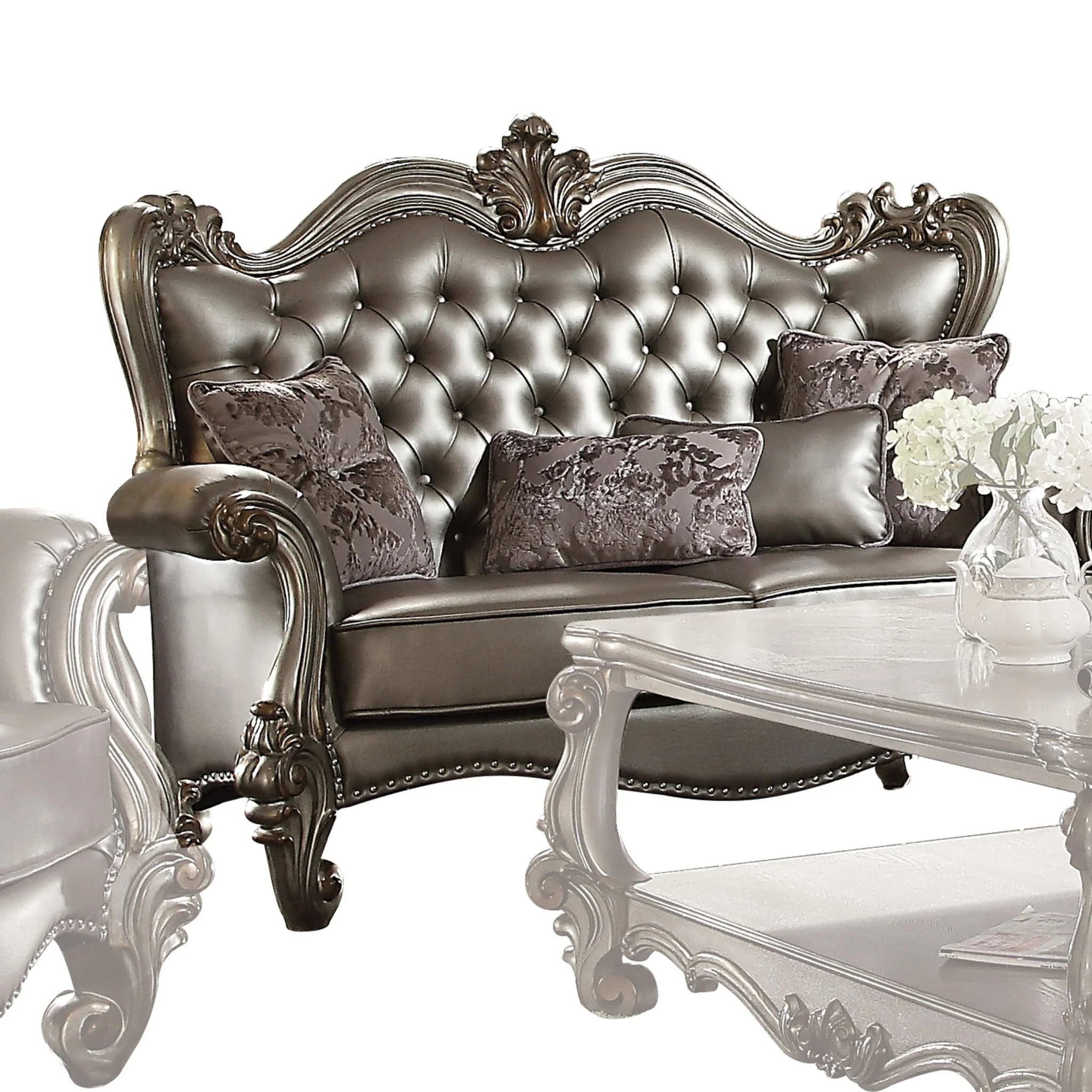 70" Silver And Platinum Faux Leather Love Seat And Toss Pillows By Homeroots - Image 3