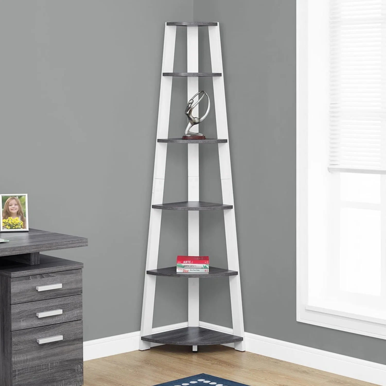 71" Chic Grey and Black 5 Shelf Corner Bookcase By Homeroots - Image 11