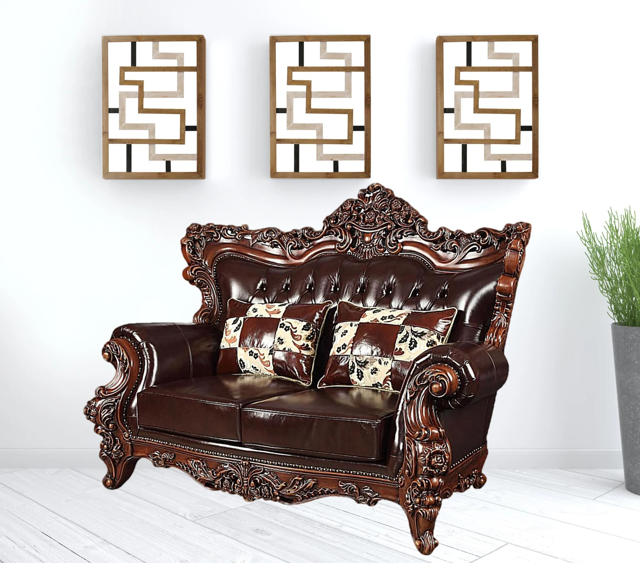 71" Espresso And Brown Faux Leather Curved Love Seat By Homeroots - Image 2