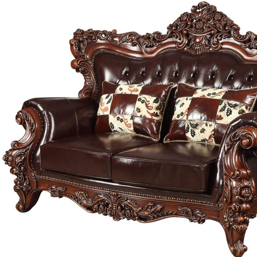 71" Espresso And Brown Faux Leather Curved Love Seat By Homeroots - Image 4