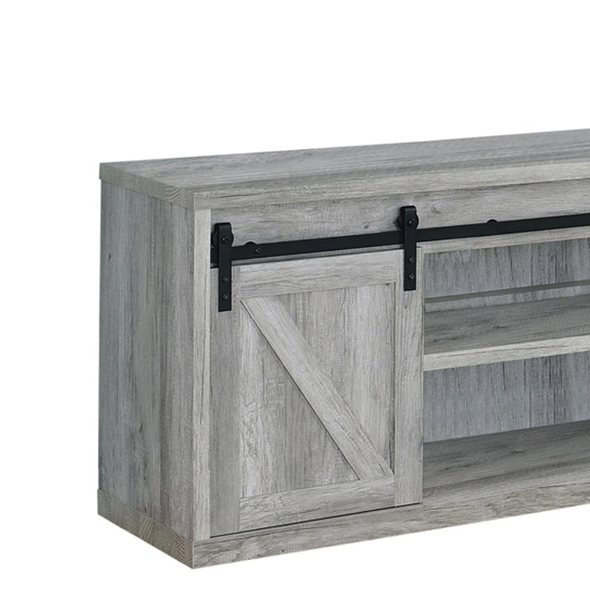 71 Inch Farmhouse Wooden Tv Console With 2 Sliding Barn Doors, Gray By Benzara - Image 2