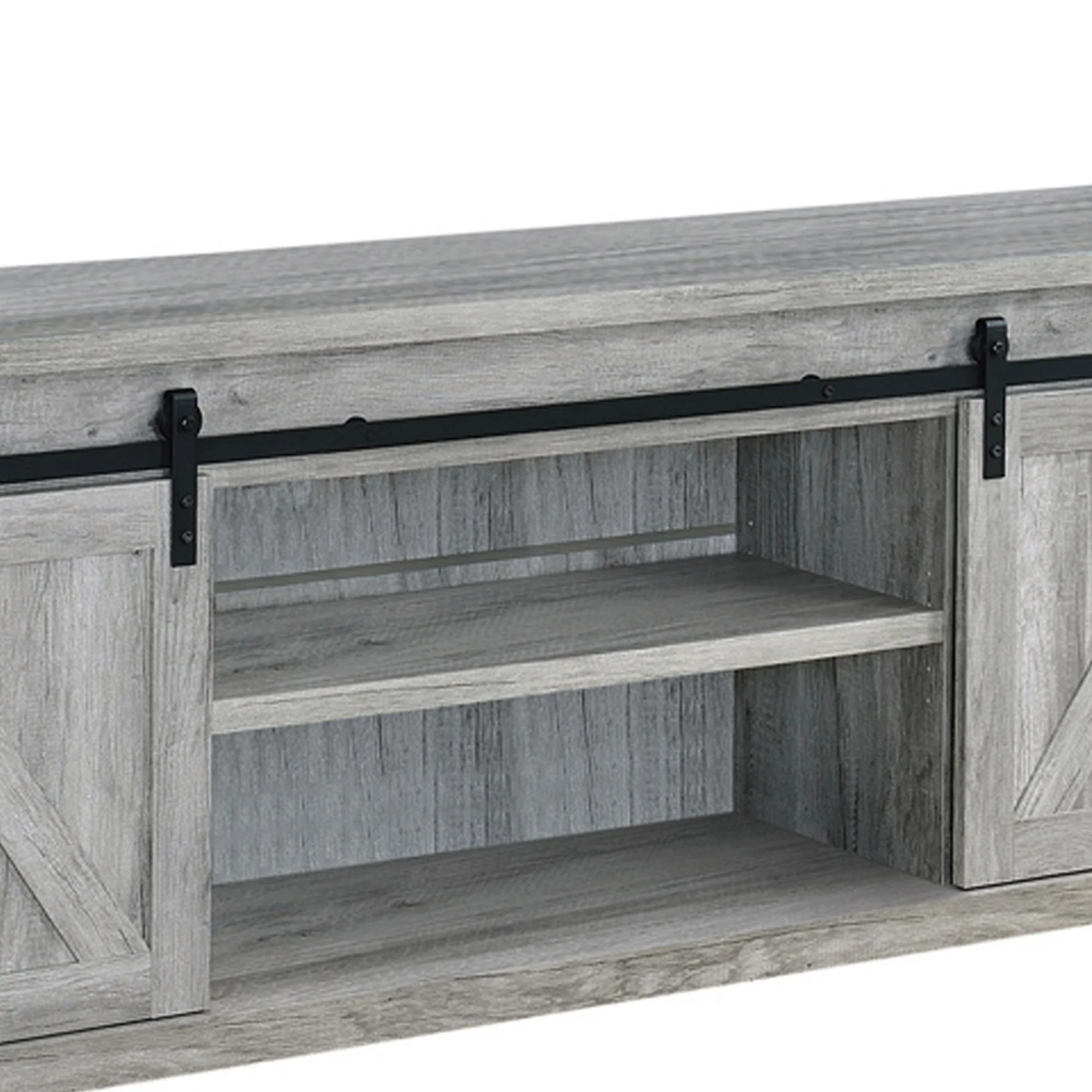71 Inch Farmhouse Wooden Tv Console With 2 Sliding Barn Doors, Gray By Benzara - Image 3