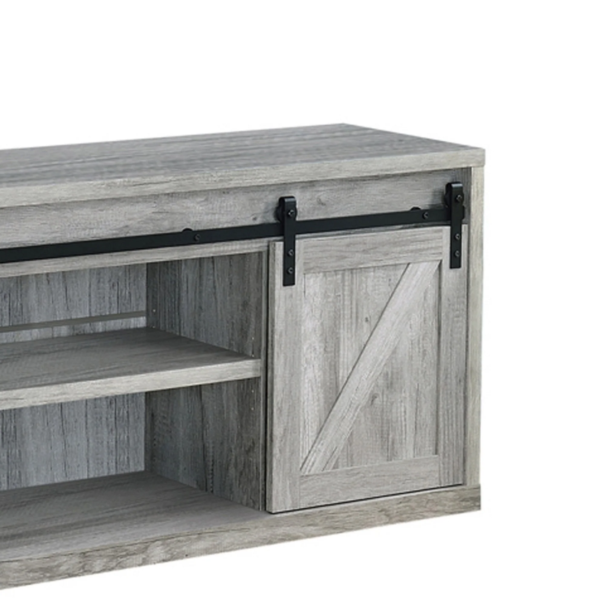 71 Inch Farmhouse Wooden Tv Console With 2 Sliding Barn Doors, Gray By Benzara - Image 4