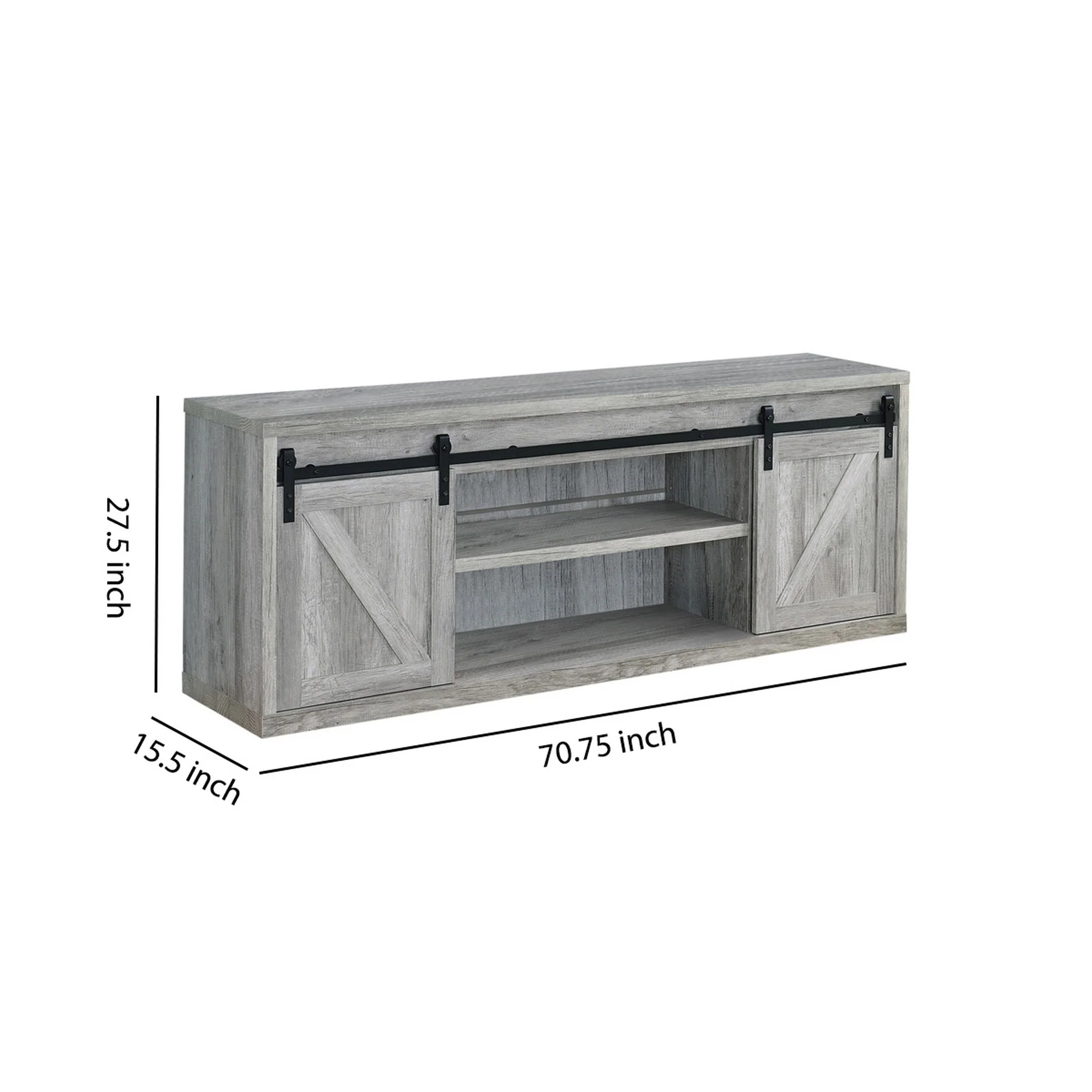 71 Inch Farmhouse Wooden Tv Console With 2 Sliding Barn Doors, Gray By Benzara - Image 5