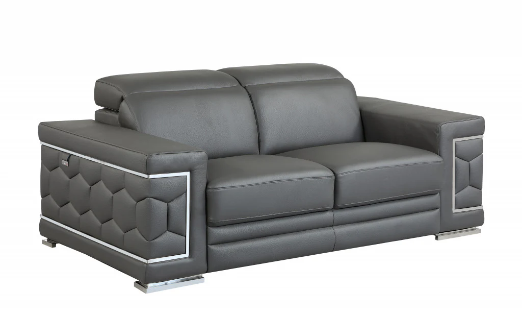 71" Sturdy Dark Gray Leather Loveseat By Homeroots - Image 2