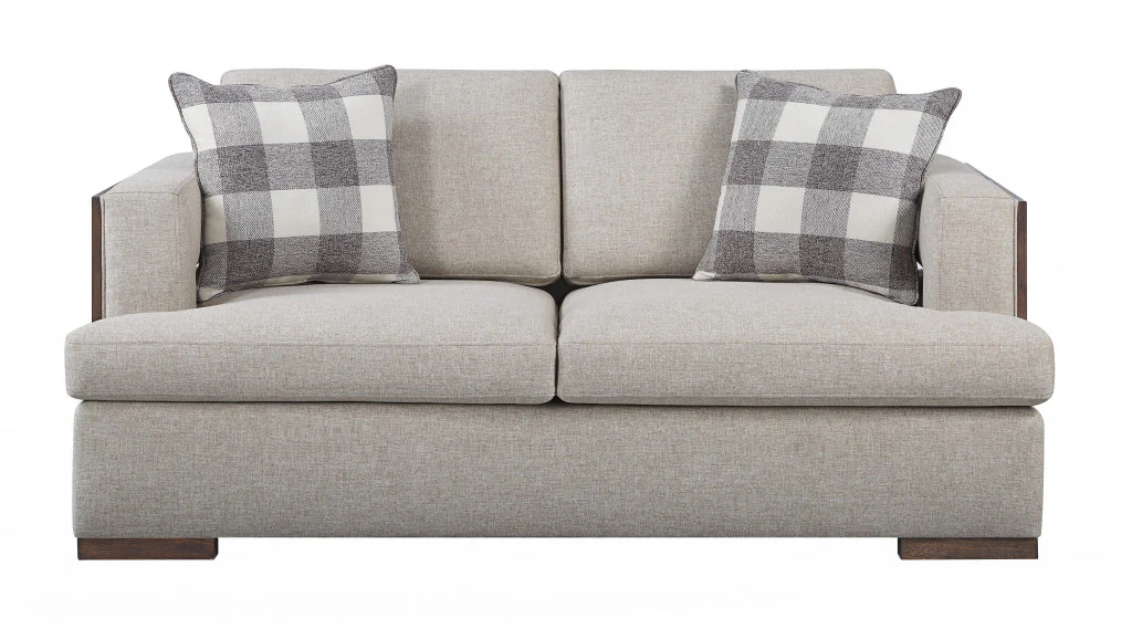 72" Beige 100% Linen And Walnut Love Seat with Pillows By Homeroots - Image 2