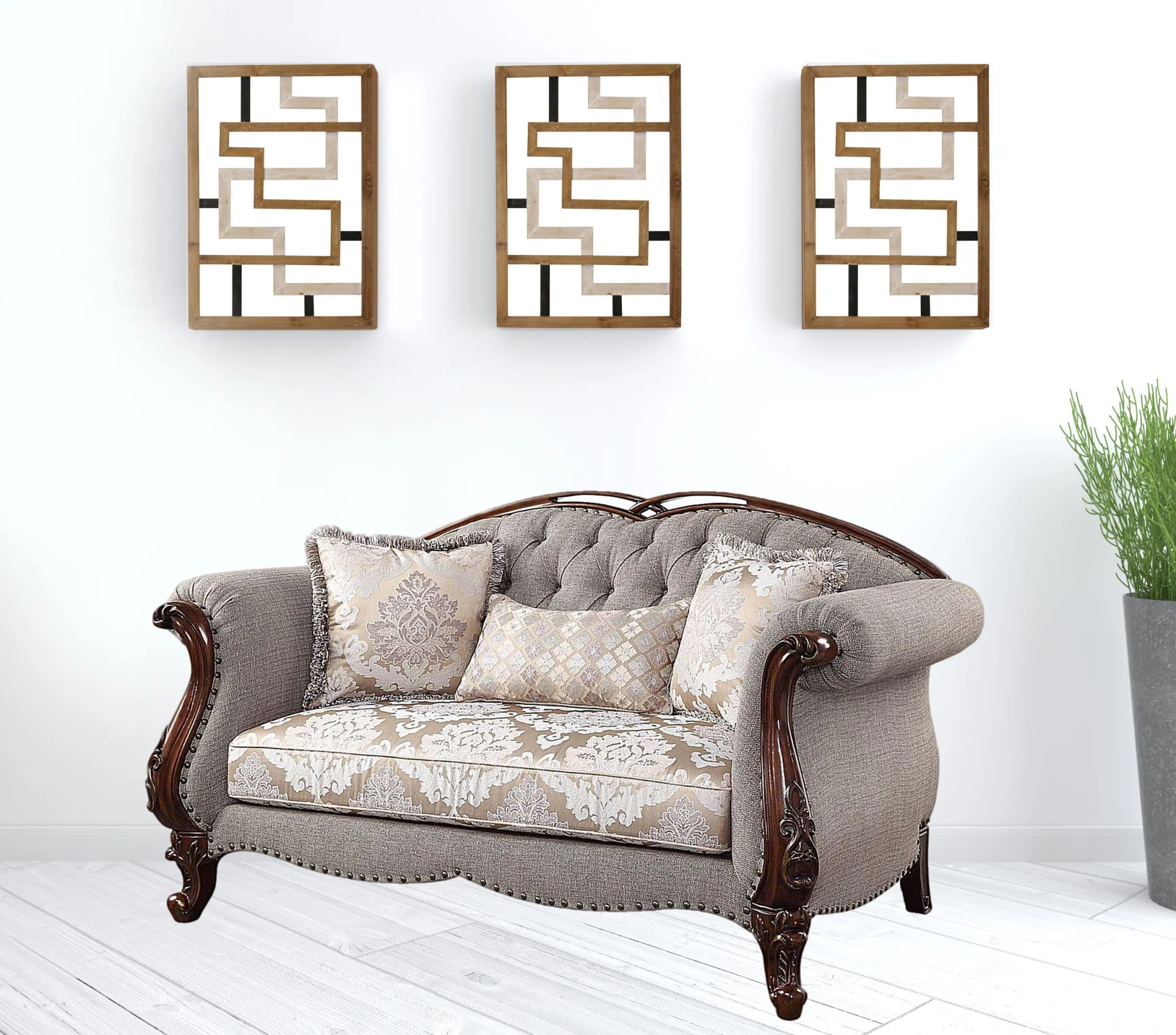 72" Beige And Dark Brown Linen Love Seat And Toss Pillows By Homeroots - Image 2
