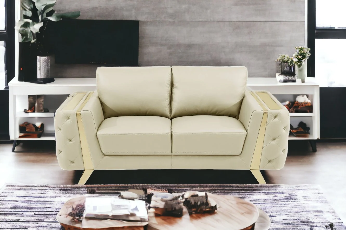 72" Beige And Gold Genuine Leather Love Seat By Homeroots - Image 2