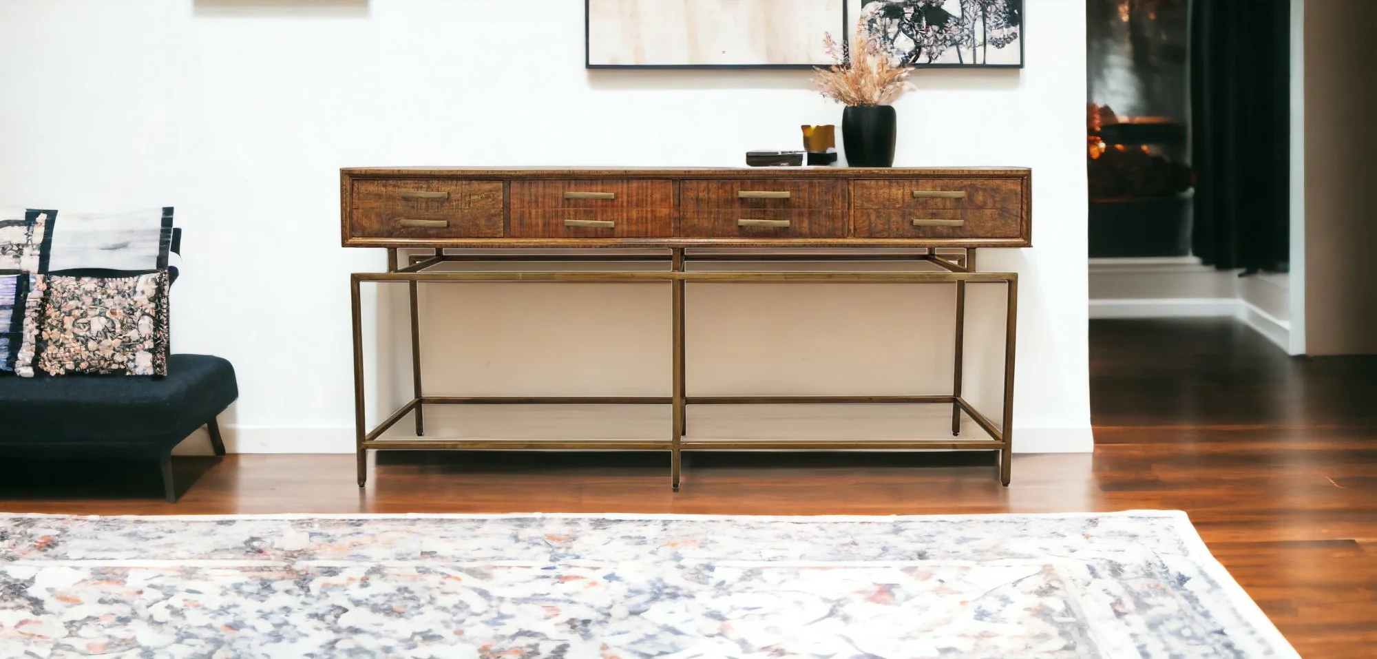 72" Brown and Brass Solid Wood Distressed Frame Console Table With Storage By Homeroots - Image 7
