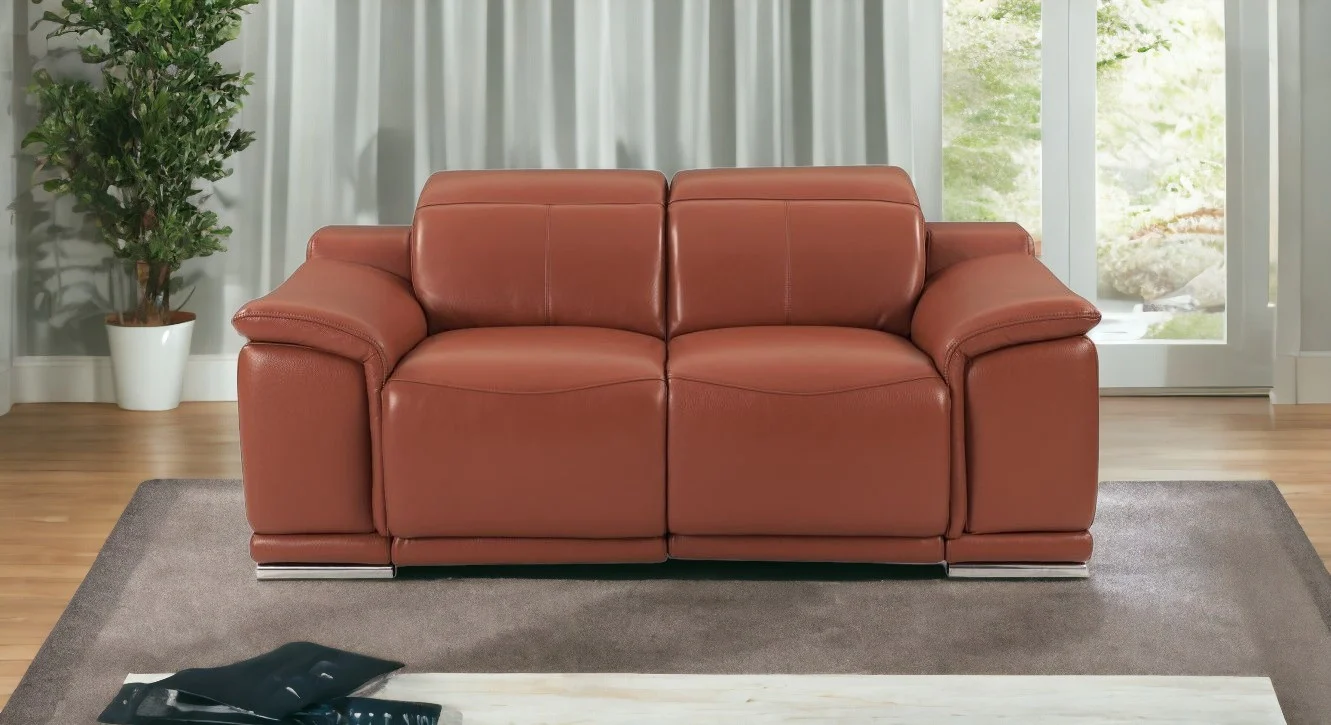 72" Camel And Silver Italian Leather Power Reclining Love Seat By Homeroots - Image 2