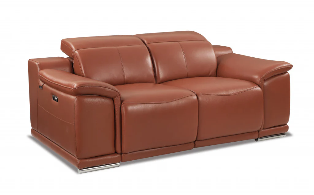 72" Camel And Silver Italian Leather Power Reclining Love Seat By Homeroots - Image 3