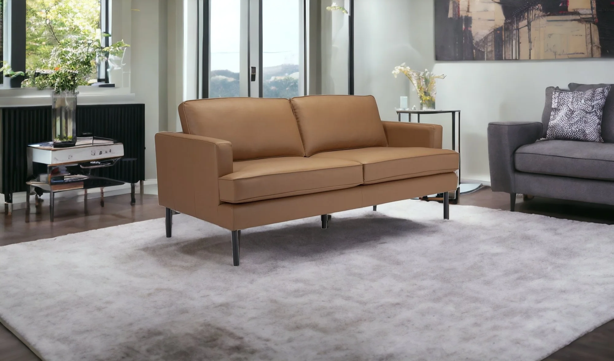 72" Camel Brown Faux Leather And Black Metal Sofa By Homeroots - Image 2