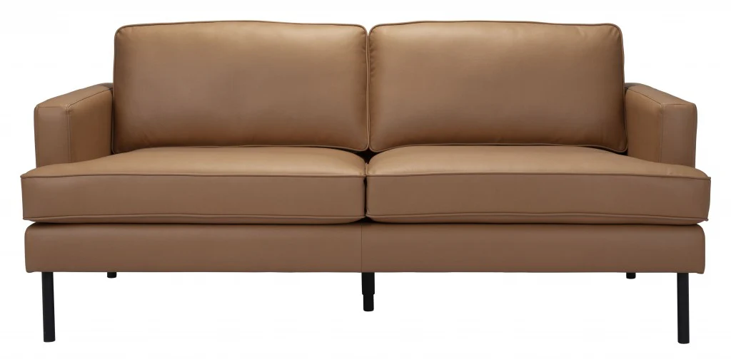 72" Camel Brown Faux Leather And Black Metal Sofa By Homeroots - Image 4