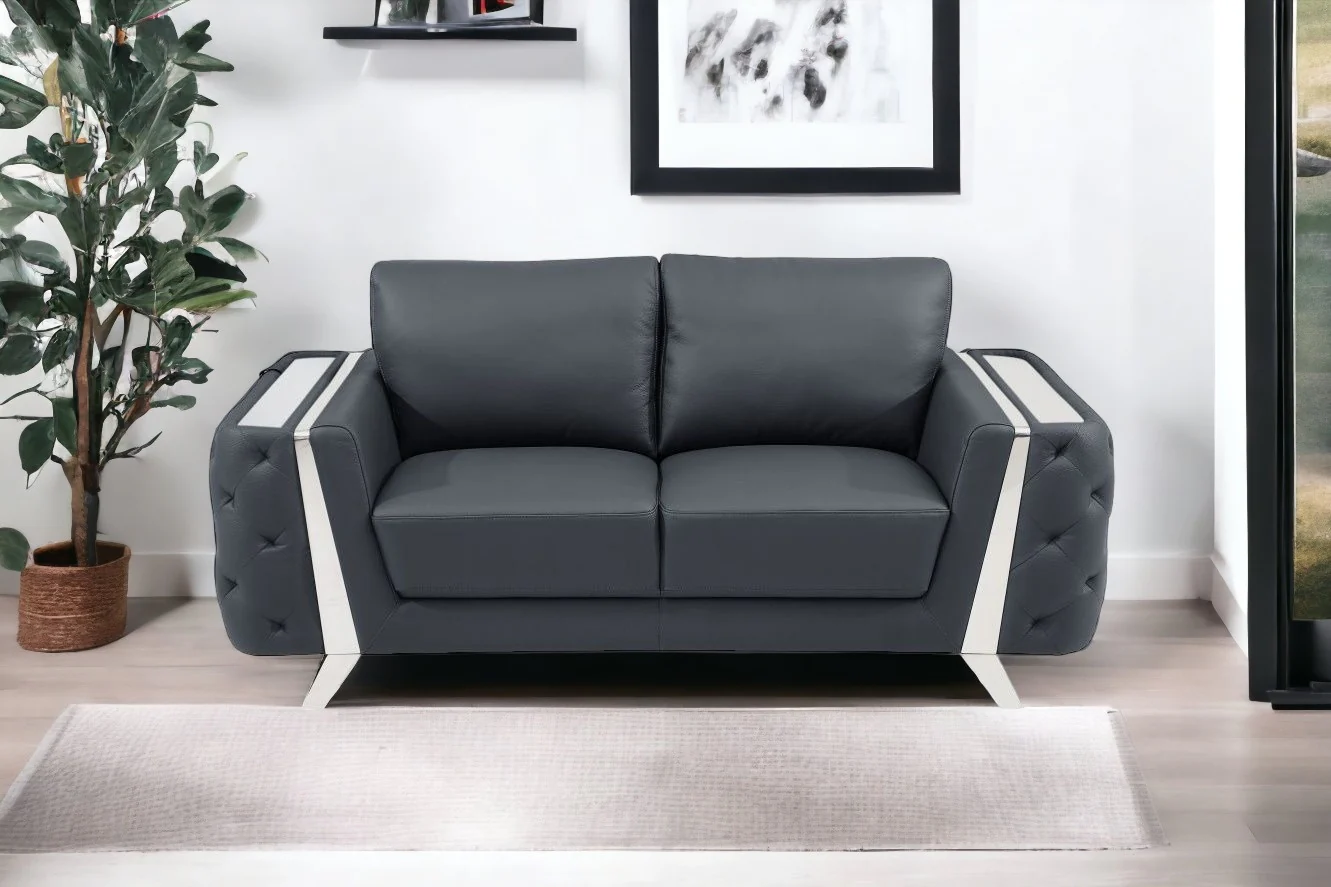 72" Dark Gray And Silver Genuine Leather Love Seat By Homeroots - Image 2