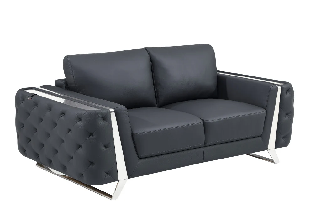 72" Dark Gray And Silver Genuine Leather Love Seat By Homeroots - Image 3