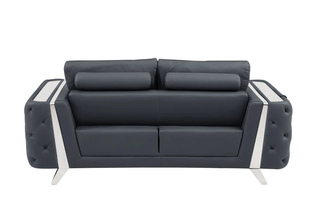 72" Dark Gray And Silver Genuine Leather Love Seat By Homeroots - Image 5