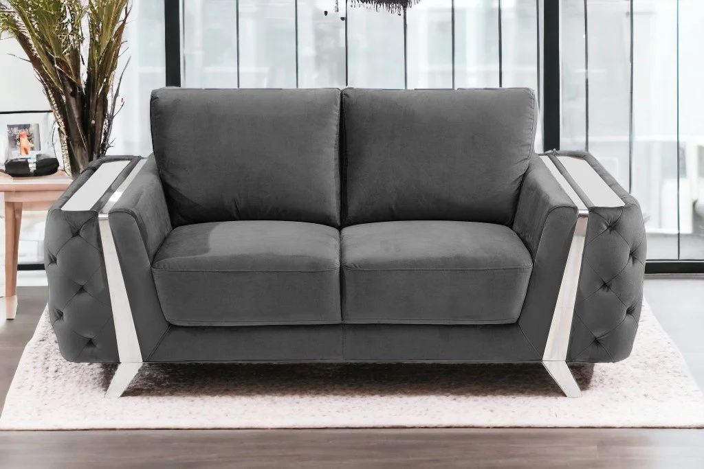 72" Dark Gray And Silver Velvet Love Seat By Homeroots - Image 2