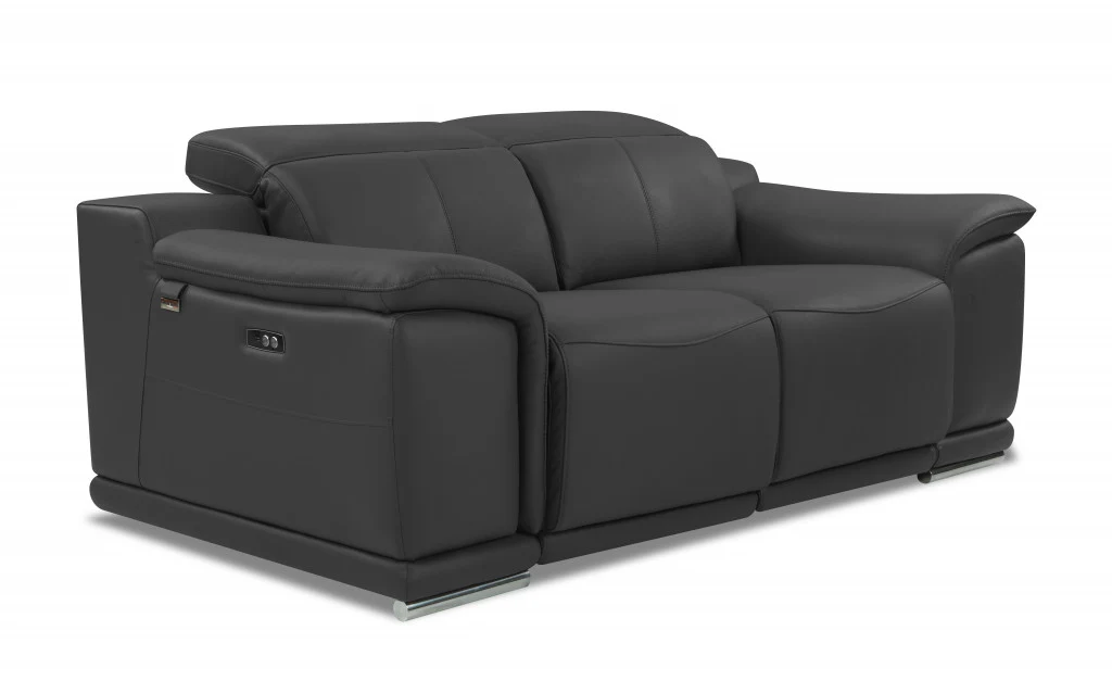 72" Gray And Silver Italian Leather Power Reclining Love Seat By Homeroots - Image 3