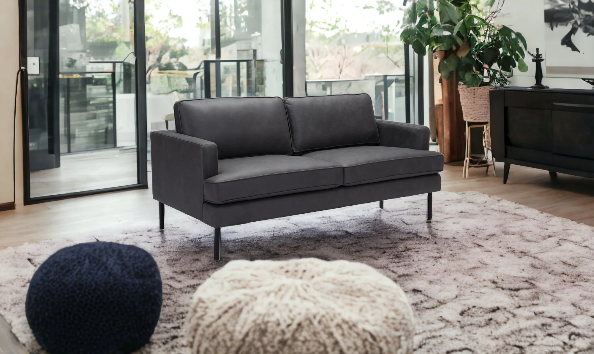 72" Soft Gray Faux Leather And Black Metal Sofa By Homeroots - Image 2