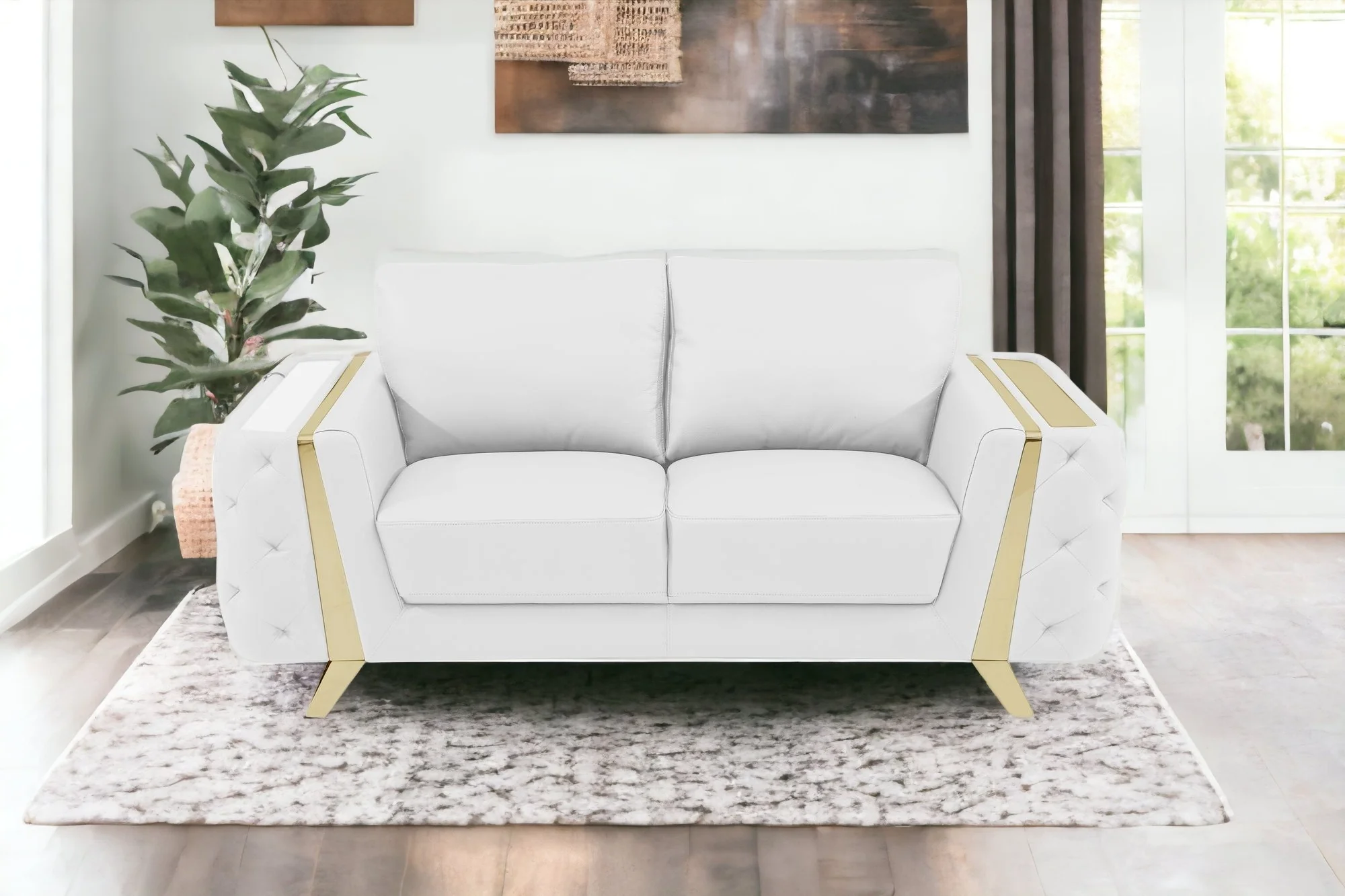 72" White And Gold Genuine Leather Love Seat By Homeroots - Image 2